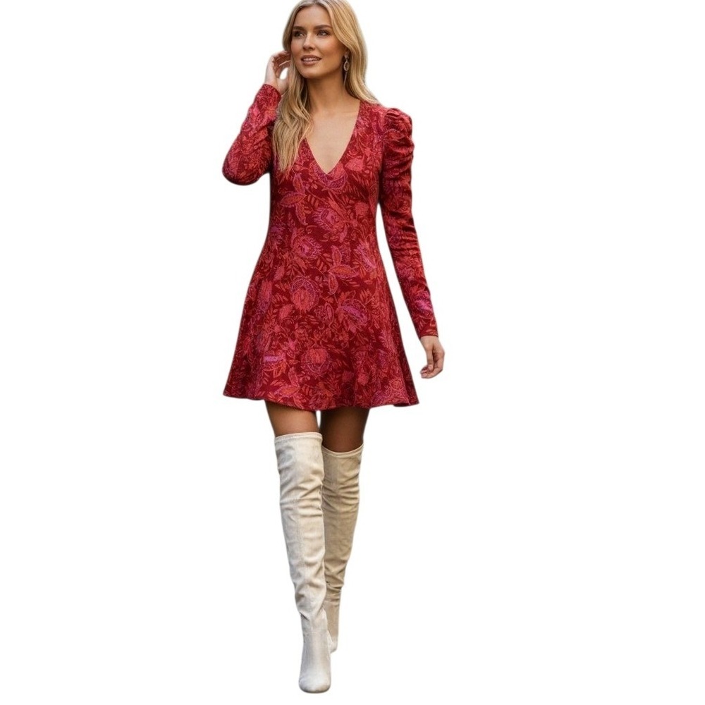 Free People Hello Lover Red Scarlett Womens size XS Romantic Ruched Tunic Top